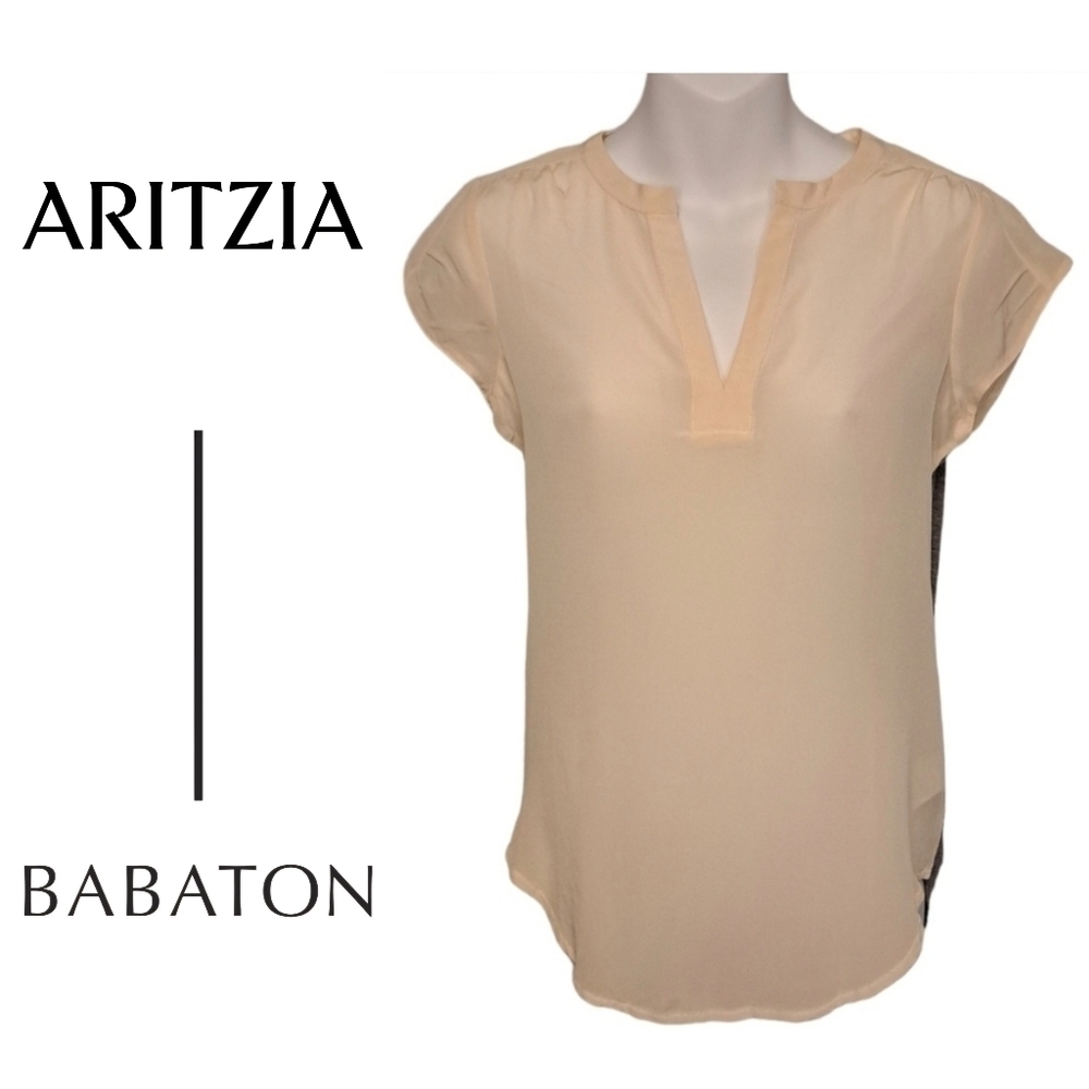✨️HP✨️ARITZIA◇BABATON◇Silk/Rayon◇Cap Sleeves◇V-neck Tee◇Colorblock◇Size XXS◇EUC